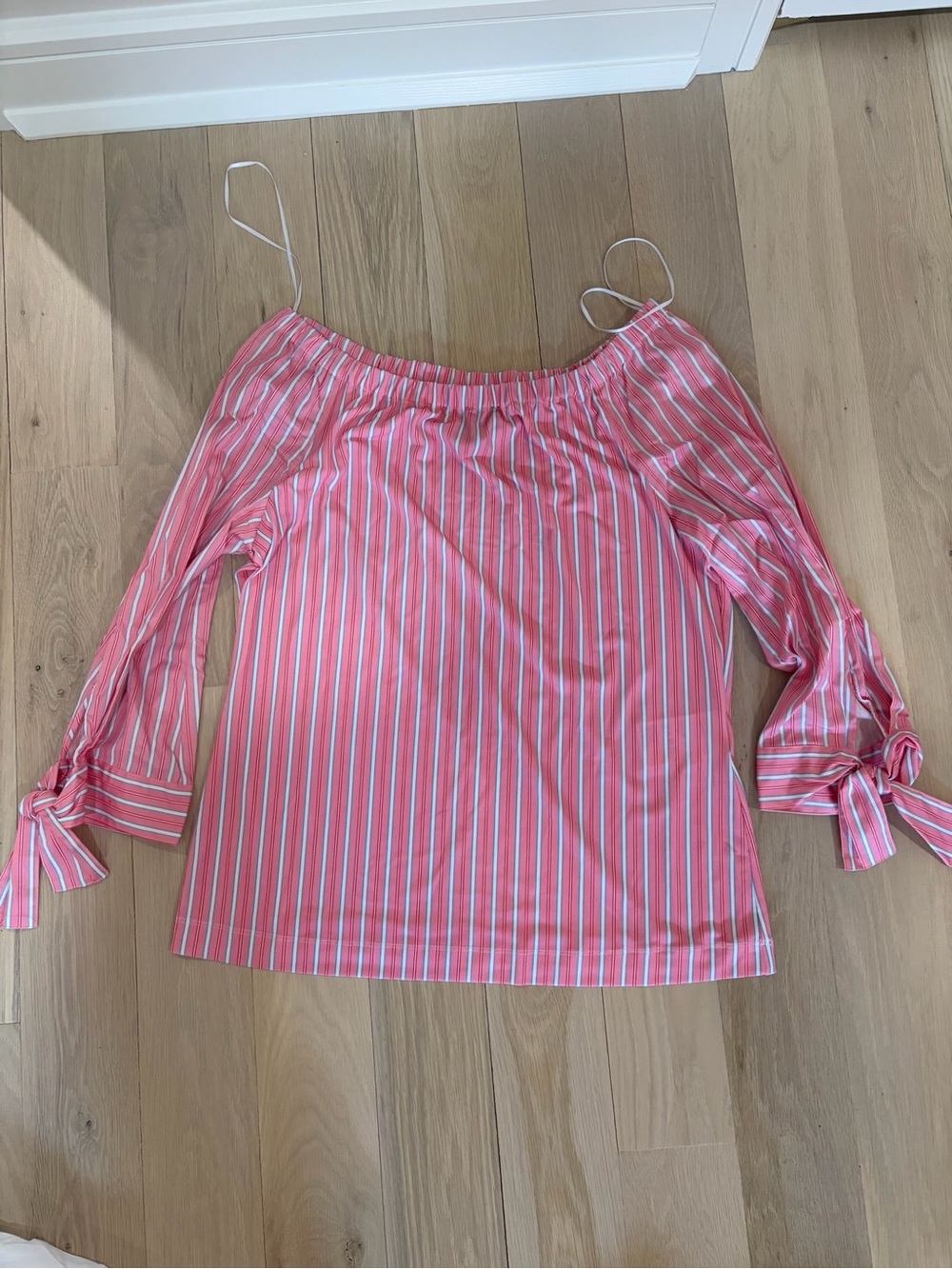 Marc Cain Pink and White Striped Off-Shoulder Tie-Sleeve Blouse - Picture 3 of 4